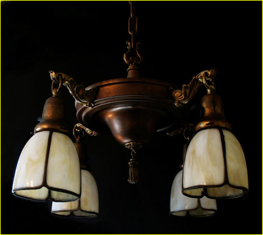 Title: Arts and Crafts Lighting near Victoria, Vancouver Island, BC - Description: Four light pan style ceiling fixture with hand crafted four panelled curved slag glass shades, genuine Arts and Crafts, circa 1910. 