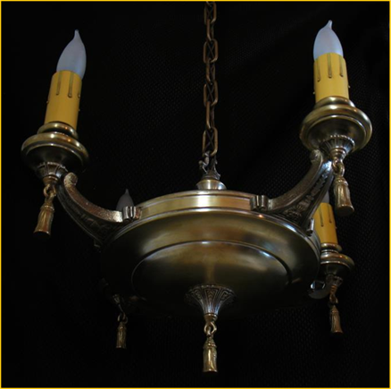 Title: Brass Four Light Antique Light Fixture - Description: Candle style four light  antique ceiling fixture with tassels gone to Halifax.