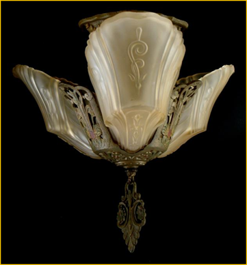Title: Markel Semi-flush Ceiling Fixture - Description: 1930s Art Deco three light slip-shade chandelier with peach glass shades and intricate antique gold cast frame.