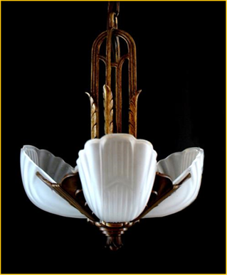 Title: 1930s Chandelier - Description: Three light Art Deco slip shade ceiling fixture by Markel. White frosted glass chevron style slip shades and antique gold cast frame.