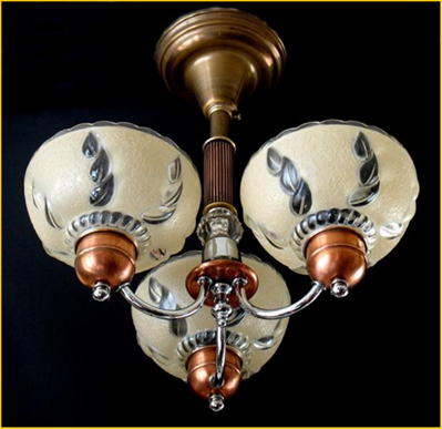 Title: 1930s bowl shade chandelier - Description: Copper and chrome three light 1930s ceiling fixture by Markel Electric Products.Shades are clear and frosted heavy glass pudding bowl style. 