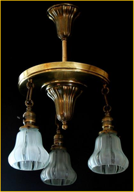 Title: Antique Ceiling Fixture - Description: Solis brass Sheffield style ceiling fixture. Three blue-green moulded glass shades drop from a round brass  pan which is suspended from a  post and large decorative canopy.