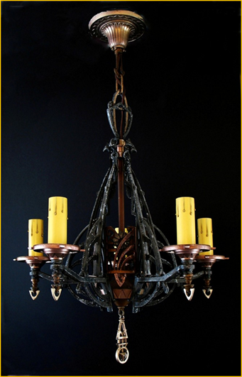Title: Lincoln Five Light Antique Chandelier - Description: Original finish Art Deco candelabra style chadelier by Lincoln, circa 1930s Victoria BC showroom