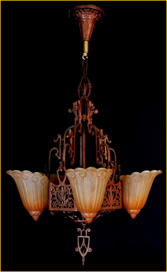 Title: Five Light Art Deco Chandelier - Description: Slip shade chandelier by Licoln, circa 1935. Peach coloured scrolled shades and original finish cast body.