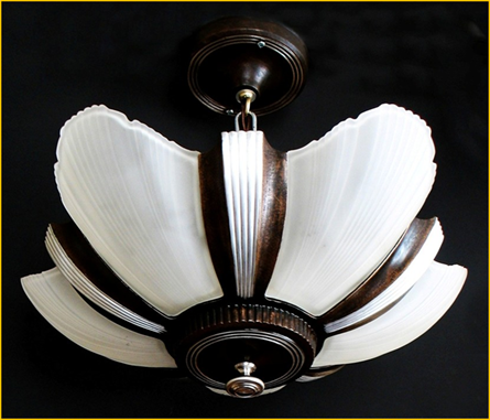 Title: Five Light Art Deco Slip Shade - Description: Markel 1930s semi-flush mount ceiling fixture, brown and silver body with white frosted curved glass shades.