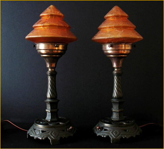 Title: Art Deco Mantle Lamps - Description: Pair of heavy cast art deco mantle lamps with "Christmas tree" crackle glass shades, circa 1920s