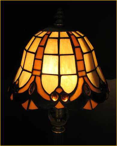 Title: Stained Glass Lamp Shade Antique - Description: Close up of lit shade on antique boudoir lamp gone to Calgary, Alberta.