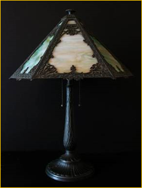 Title: Slag glass lamp 1900 - Description: Lovely cast lamp with six slag glass panels, circa 1900