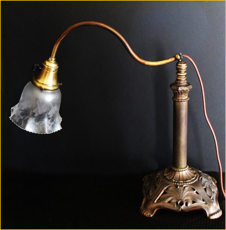 Title: Antique Desk Lamp - Description: Large adjustable brass antique desk lamp with etched, fluted glass shade, circa 1910.