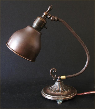 Title: Antique Desk Lamp Adjustable - Description: Tiny adjustable antiquel desk lamp with origina metal shade, circa 1915l