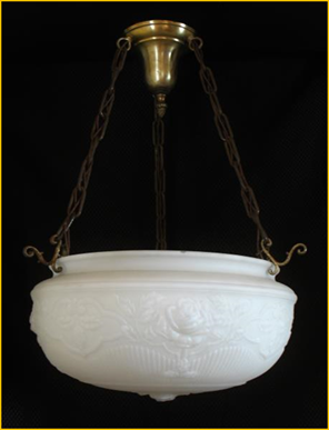Title: Victorian Lighting - Description: Huge glass "rose bowl"suspended on three brass chains, early 1900s lighting fixture.