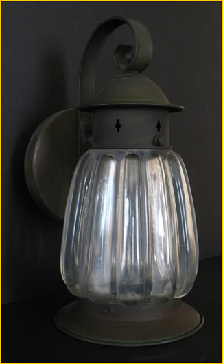 Title: Antique Porch Lights - Description: Early 1900s large copper porch lights with heavy ribbed glass shades, from Harris House Antique Lighting near Halifax, NS and Victoria, BC