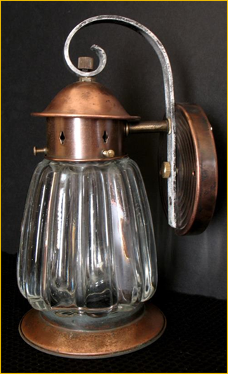 Title: Vintage Copper Porch Light - Description: Antique Porch Light of copper with heavy ribbed glass shade, one of a pair sold by Harris House Antique Lighting near Halifax, NS and Vancouver, BC.