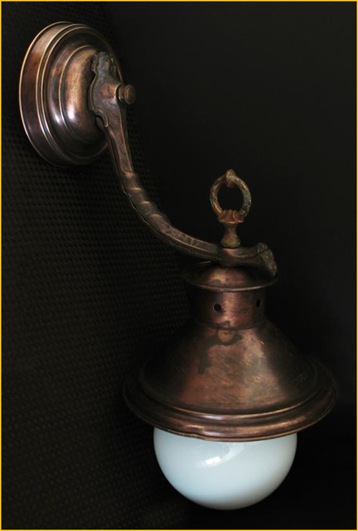Title: Annapolis Royal Antiques - Description: Natural patina copper porch light early 1900s from Harris House Antique Lighting near Halifax, NS and Victoria, BC.