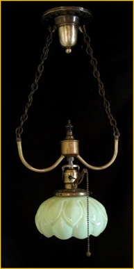 Title: Vaseline Glass Entry Pendant - Description: Victorian brass entry light pendant with vaseline glass artichoke format yelolw shade and unusual pull switch. Victoria BC