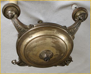 Title: Antique Lighting - Description: Brass Pan Light Fixture before Restoration