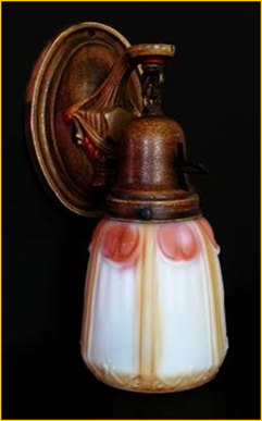 Title: Art Nouveau Wall Sconce - Description: Early 1900s nouveau wall sconce with original painted pressed glass shades and polychrome finish. Vancouver showroom.