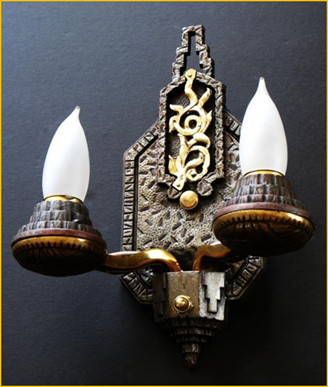 Title: Antique Lighting - Description: Gothic/Art Deco antique wall sconce, double candle style with cast Tudor rose feature in gold, 1920s.