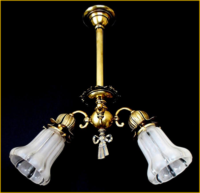 Title: Antique Lighting - Description: Victorian brass two light ceiling fixture with ribbon detail and glass Sheffield shades, circa 1890s.