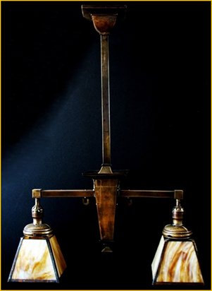 Title: Mission Light Fixture - Description: Converted gas Welsbach brass light fixture with original hand crafted slag glass shades, circa 1890.
