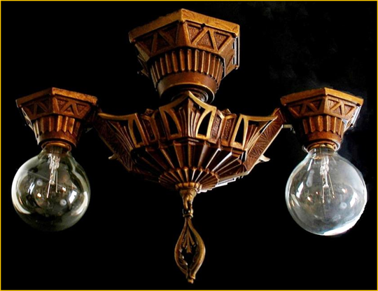 Title: Art Deco Semi-flush mount light fixture - Description: Restored and rewired two bulb art deco ceiling fixture, cast metal,
painted, circa 1920s