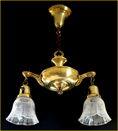 Title: Antique Ceiling Fixture- Brass Two Light - Description: 1920s Brass pan light fixture with delicate fluted and etched glass shades. We had a set of three, which we sent to Santa Barbara, Califorinia.